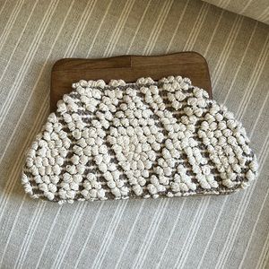 NEW Lovestitch Clutch with wood handle and fabric bottom.